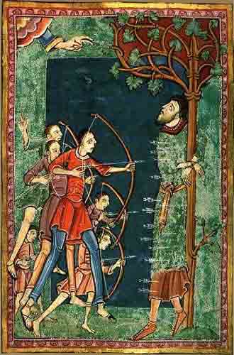 * Manuscript Illustration of St. Edmund tied to a tree and shot by a number of Danes