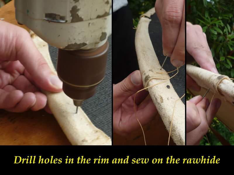 Draw holes in the rim and sew on the rawhide