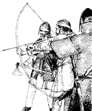 * An archer accompanied by two mail clad warriors
